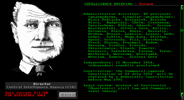 Shadow President (DOS) screenshot: Intelligence Briefing