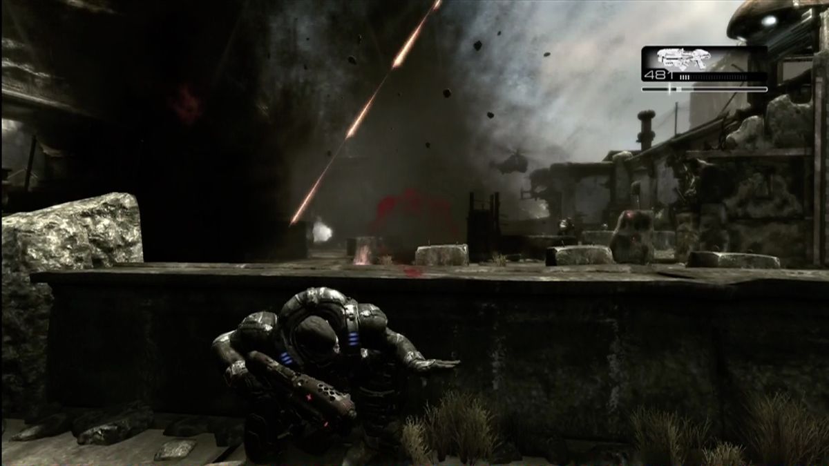 Gears of War (Xbox 360) screenshot: Choppers on the offensive.