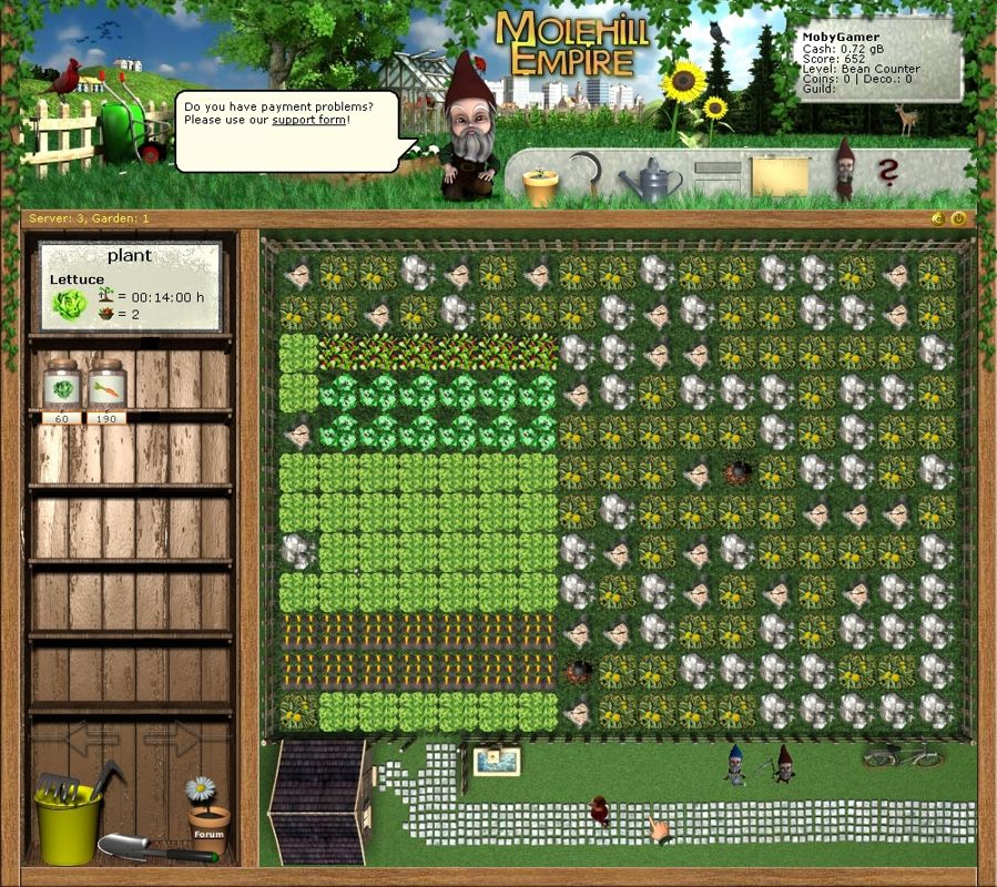 Molehill Empire (Browser) screenshot: I like it when my garden is completely ready for harvest. From top to bottom: radishes, cucumbers, lettuce, and carrots.