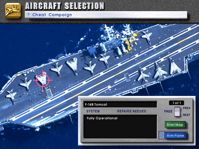 U.S. Navy Fighters (DOS) screenshot: Aircraft selection. There are 5 different fighters available