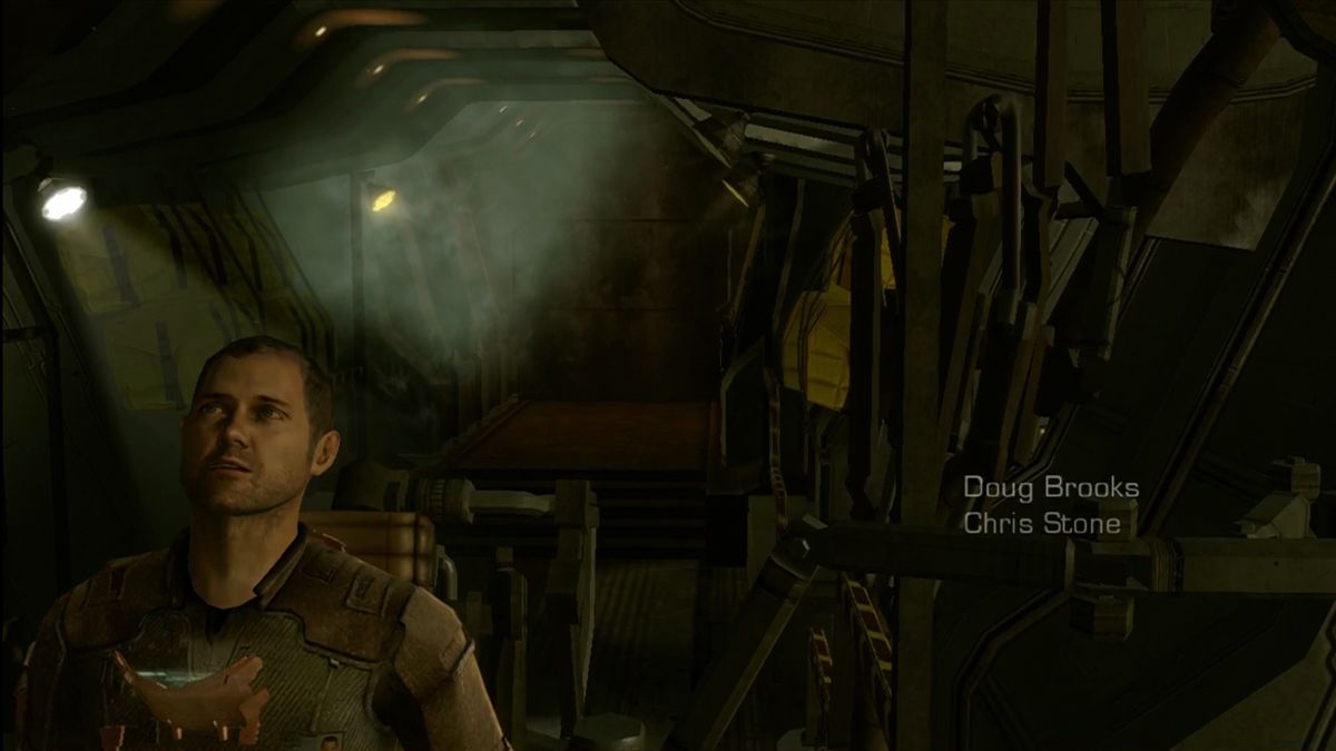 Dead Space (Xbox 360) screenshot: Issac, our silent hero, does not approve of the rough landing.