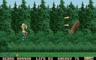 Entity (DOS) screenshot: Shooting at a dino who likes to hide in the bushes