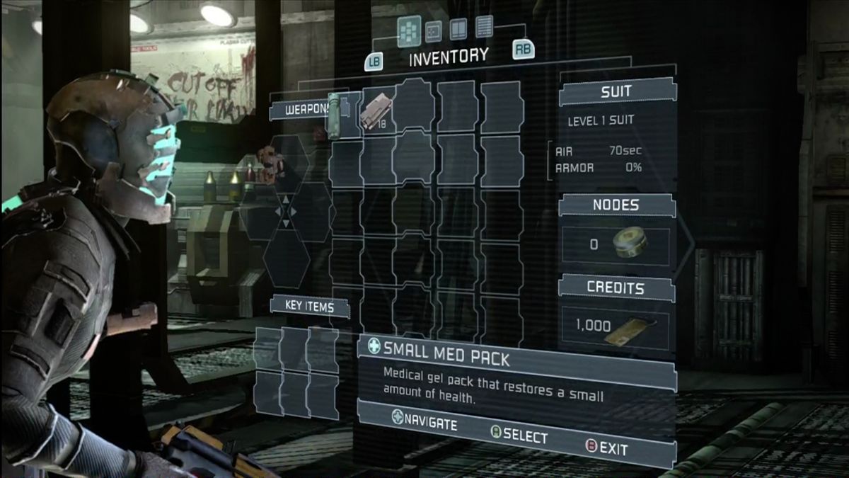 Dead Space (Xbox 360) screenshot: Your interface is projected like a hologram.