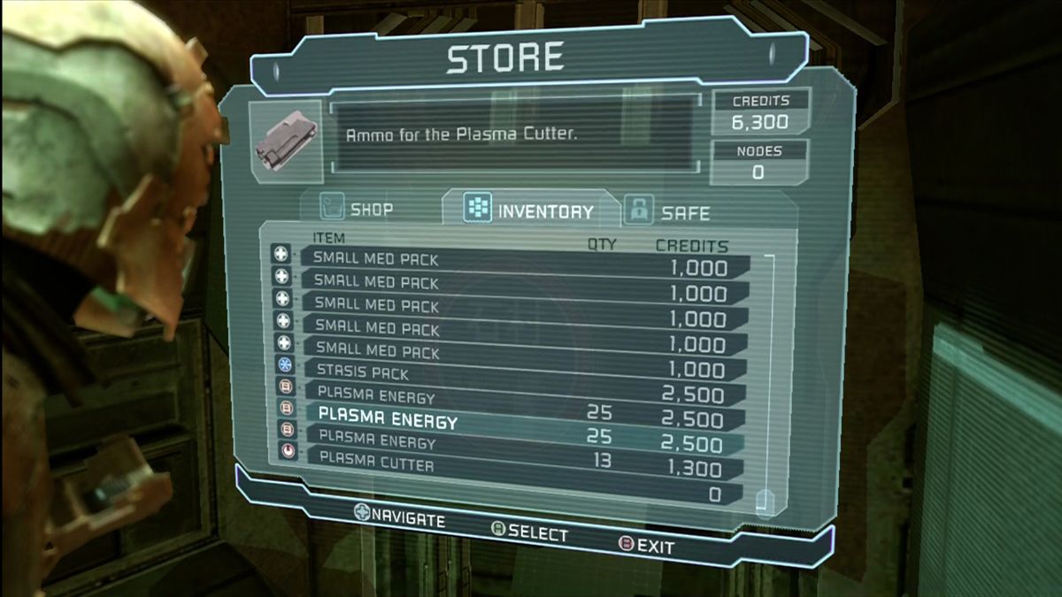 Dead Space (Xbox 360) screenshot: The store allows you to buy or sell gear, and put extra items in the safe.