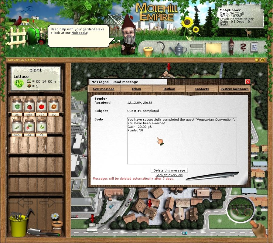 Molehill Empire (Browser) screenshot: The quest reward is sparse, but I'm sure it gets better with every task completed.
