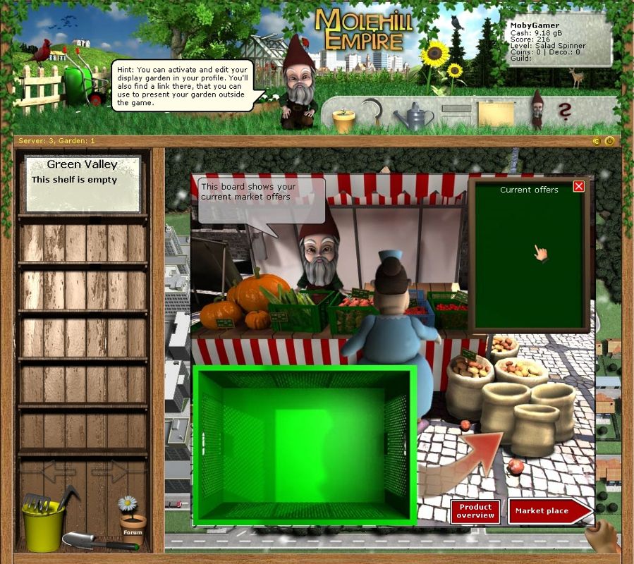 Molehill Empire (Browser) screenshot: Your very own market stall is waiting to be filled with all kinds of tasty vegetables.