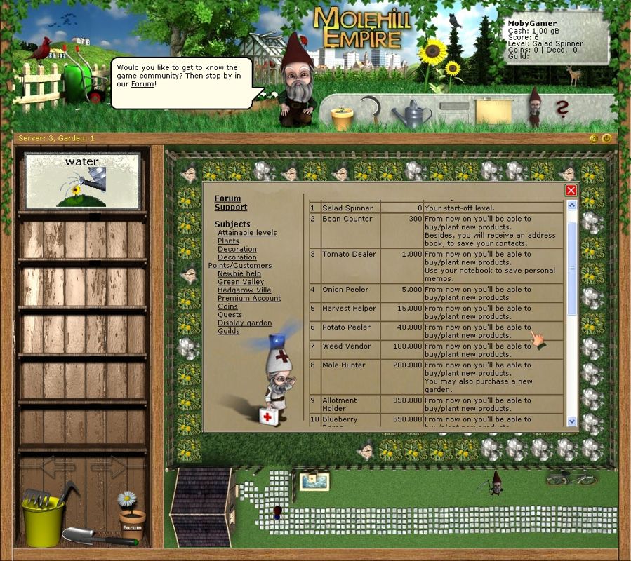 Molehill Empire (Browser) screenshot: Spying into the online help. When will I finally leave the status of "Salad Spinner"?