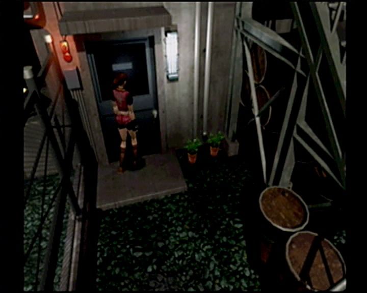 Resident Evil 2 (GameCube) screenshot: There seems to be some green herbs around... they're great for healing, especially when you combine them.