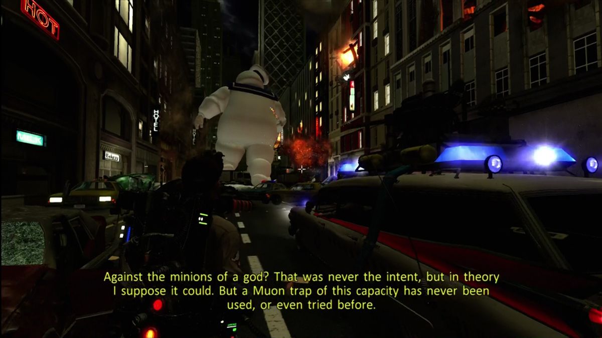 Ghostbusters: The Video Game (Xbox 360) screenshot: Ecto-1 and Mr. Stay-Puft. My childhood in one frame.