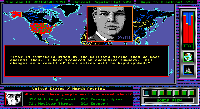 Shadow President (DOS) screenshot: Iraq is upset? Good!