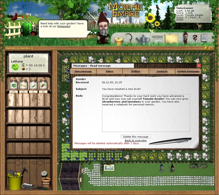 Molehill Empire (Browser) screenshot: Yay - I made level three and can grow strawberries now which is one of my favourite fruits.