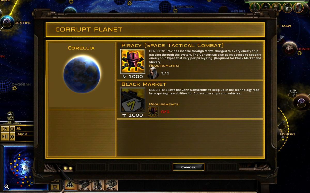 Star Wars: Empire at War - Forces of Corruption (Windows) screenshot: Dirty deeds done cheap. Each planet can be corrupted in multiple ways for different benefits.