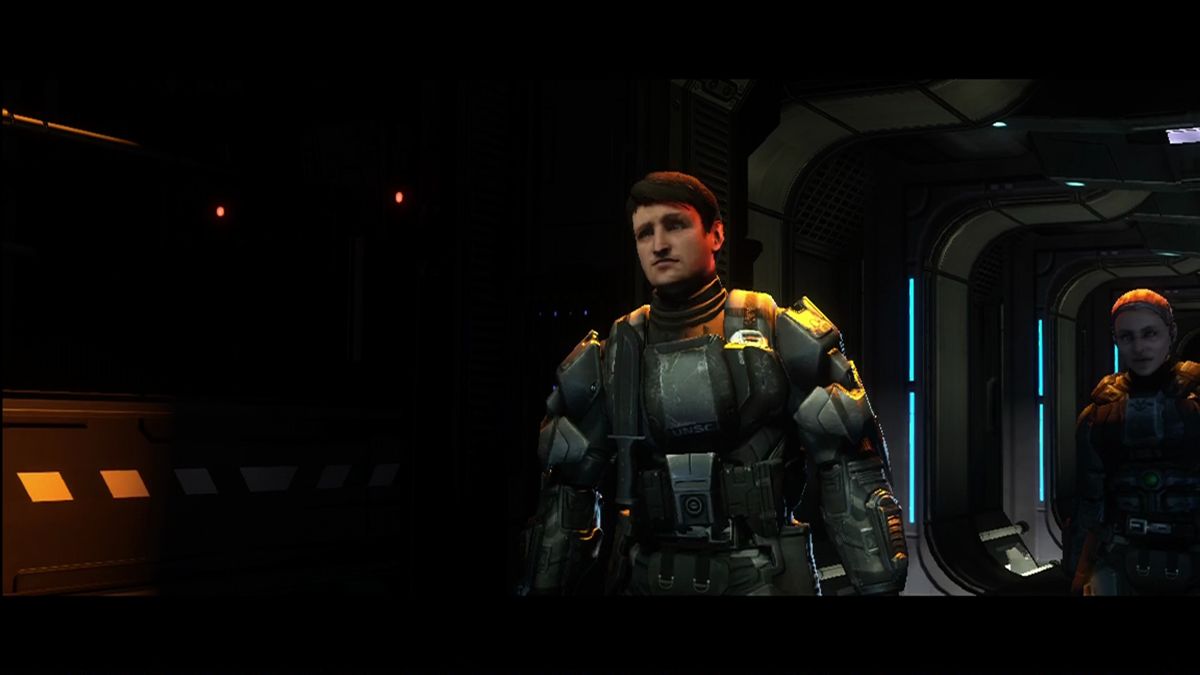 Halo 3: ODST (Xbox 360) screenshot: <moby developer="Nathan Fillion">Nathan Fillion</moby> as... the same character he always plays.
