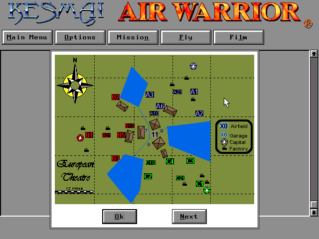 Air Warrior (DOS) screenshot: Off-line playing theatre map