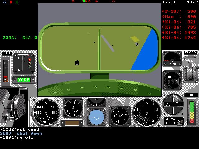 Air Warrior (DOS) screenshot: Quick check six o'clock to make sure my tail is clear