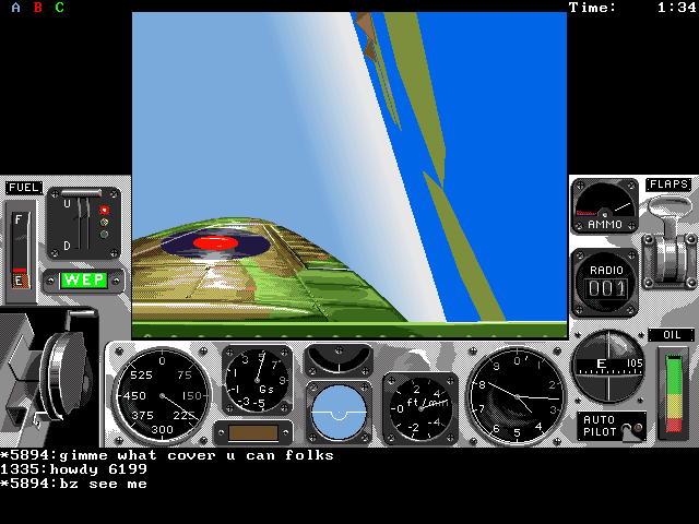 Air Warrior (DOS) screenshot: Left wing view as I loop back to the airport furball battle