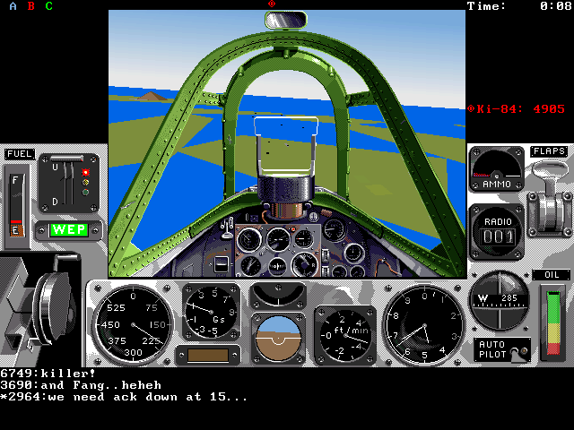 Air Warrior (DOS) screenshot: British Spitfire full throttle into furball WEP (war emergency power)