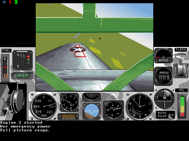 Air Warrior (DOS) screenshot: View from left wing with runway in distance