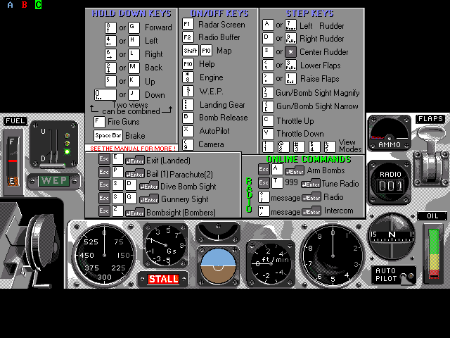 Air Warrior (DOS) screenshot: F10 for quick flight controls help