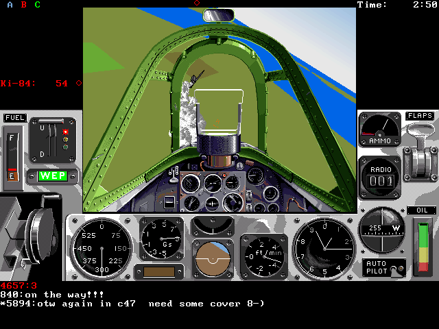 Air Warrior (DOS) screenshot: Major damage ready to explode as I streak by the target at 54 yards