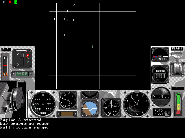 Air Warrior (DOS) screenshot: Radar map leaving runway searching for enemy targets