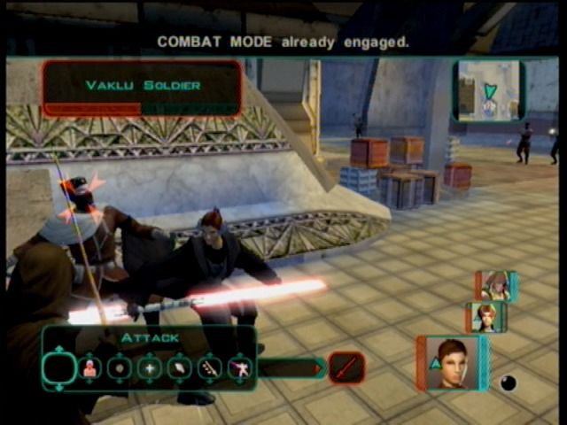 Star Wars: Knights of the Old Republic II - The Sith Lords (Xbox) screenshot: Wielding a dual lightsaber makes you a real Jedi.