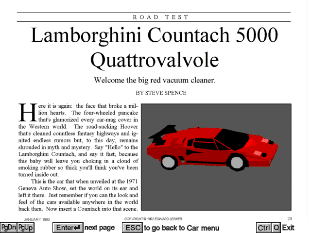 Car and Driver (DOS) screenshot: Reading the article about the Lamborghini Countach 5000 Quattrovalvole.