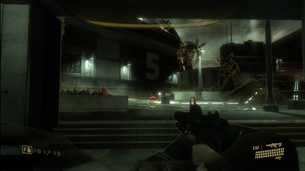 Halo 3: ODST (Xbox 360) screenshot: ODST's "VISR" mode. Combo nightvision and enemy highlighter.