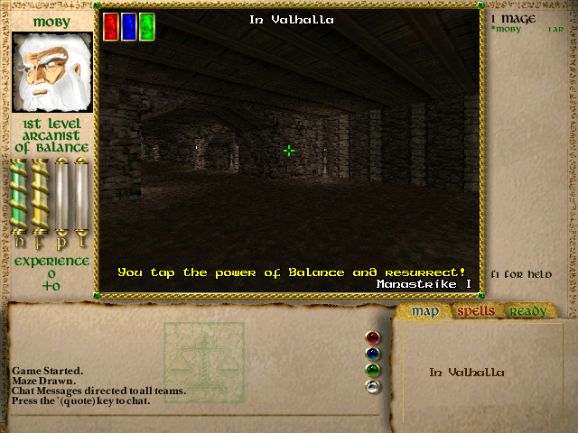 Rolemaster: Magestorm (Windows) screenshot: If you're not revived by a Cleric, the shrine respawns you in Valhalla - a magic-free zone that teleports you back into the fight.