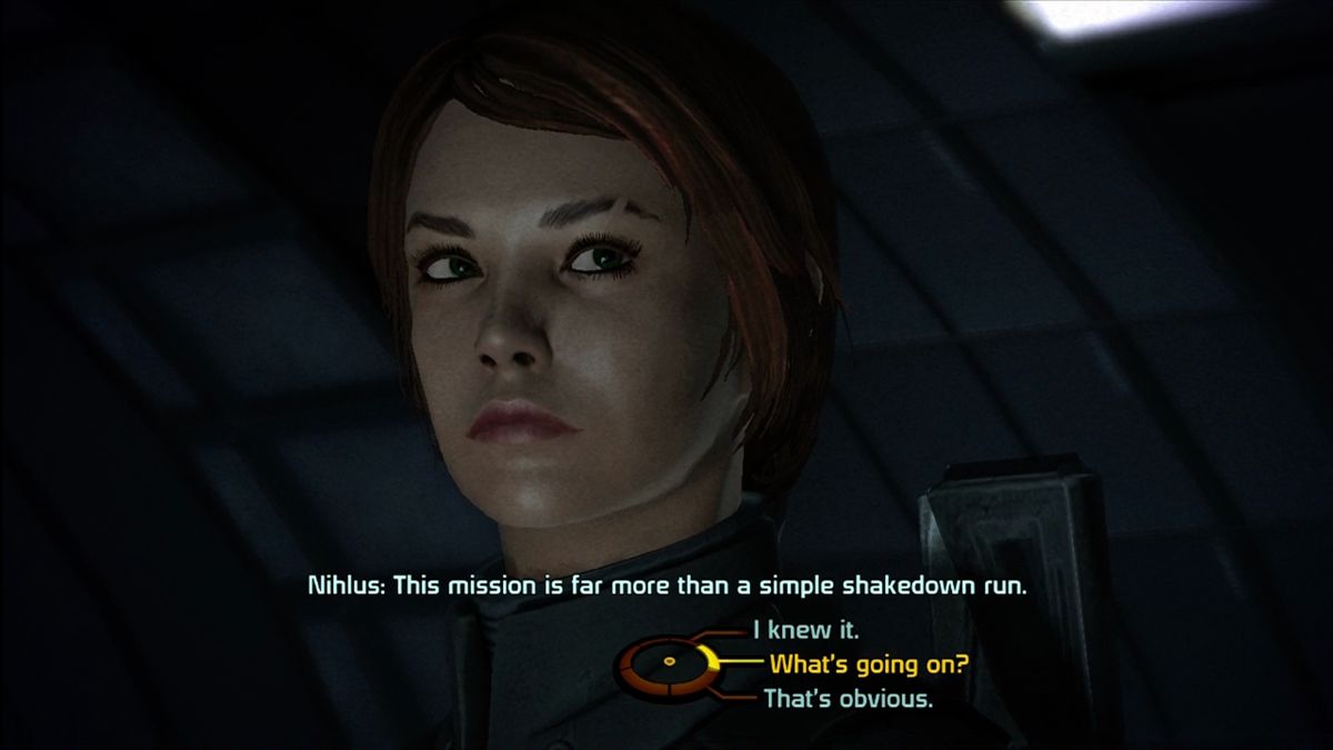 Mass Effect (Xbox 360) screenshot: Dialog choices use a radial menu.