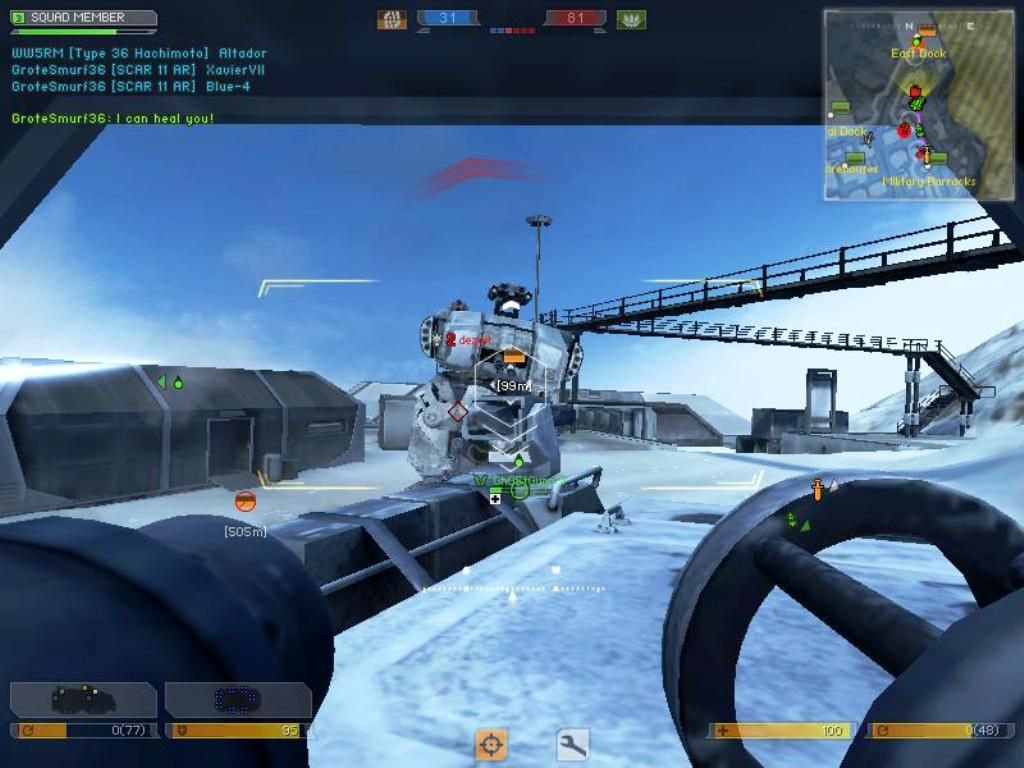 Battlefield 2142: Booster Pack - Northern Strike (Windows) screenshot: Driving the A3 Goliath trying to defend it against the enemy T-39 Bogatyr Battle walker