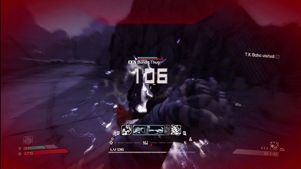 Borderlands (Xbox 360) screenshot: Brick using his berzerker special. Enemies fall to his beefy fists.