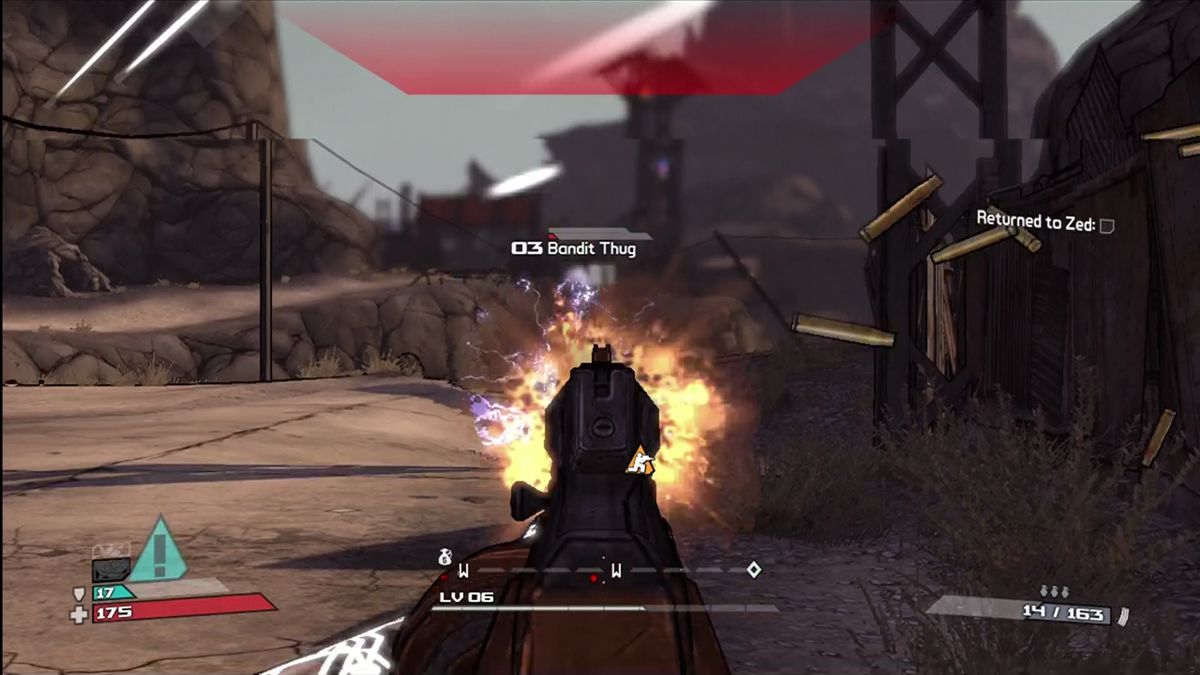 Borderlands (Xbox 360) screenshot: Human foes pack shields just like you. Gunfire strips them away.