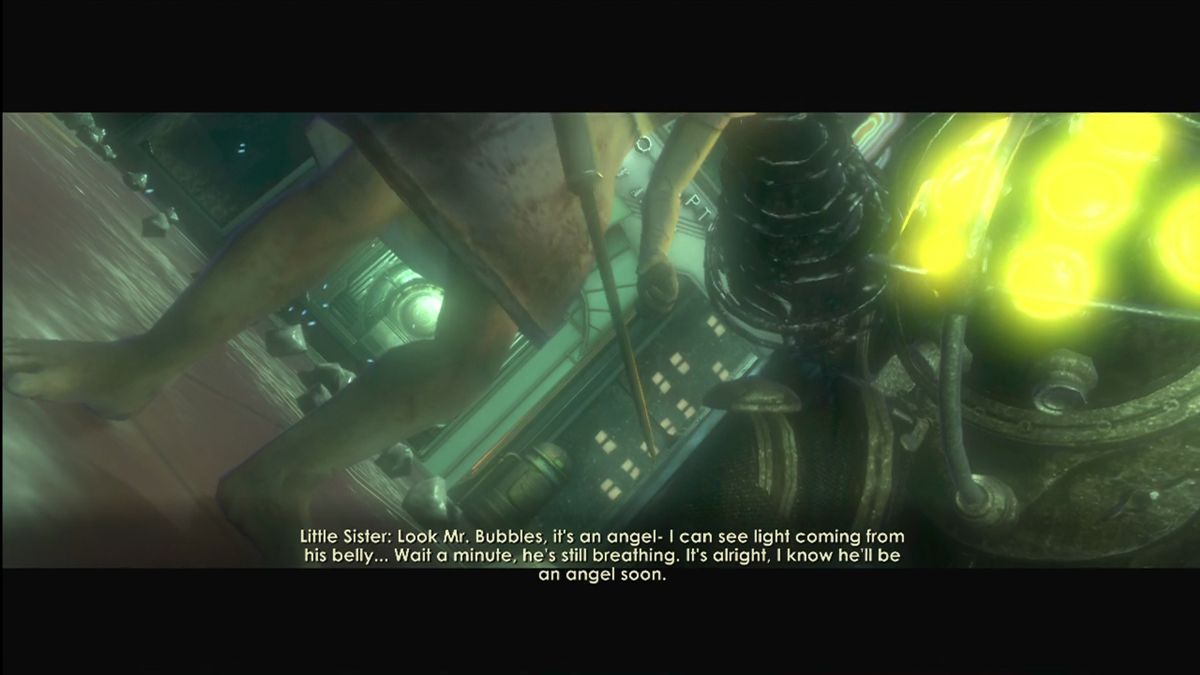 BioShock (Xbox 360) screenshot: First glimpse at a Big Daddy and Little Sister.
