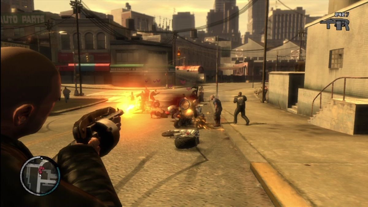 Grand Theft Auto IV: The Lost and Damned (Xbox 360) screenshot: Using the new auto shotgun in a gang war mission.