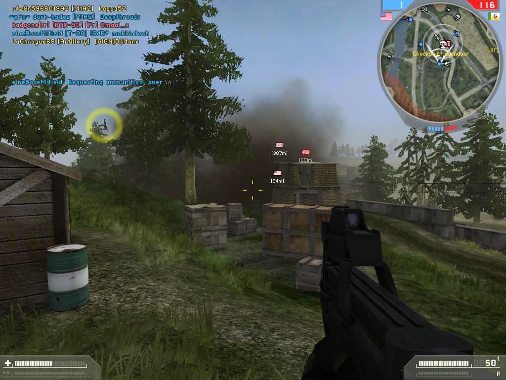 Battlefield 2: Booster Pack - Armored Fury (Windows) screenshot: Artillery strike after the armor fails to take the base. A team mate is catapulted from the shell impacts (see yellow circle).