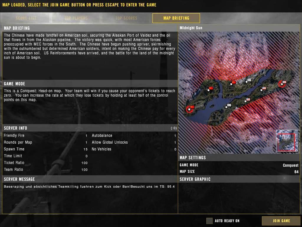 Battlefield 2: Booster Pack - Armored Fury (Windows) screenshot: Map #3 Midnight Sun attacking US soil in Alaska trying to disrupt the oil pipeline.