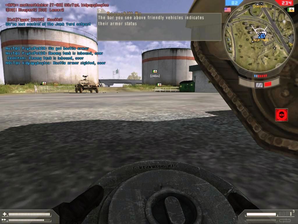 Battlefield 2: Booster Pack - Armored Fury (Windows) screenshot: As USMC Engineer kit... I'll surprise him with an AT Mine in front and behind his tank tracks... so when he pulls away BOOM!