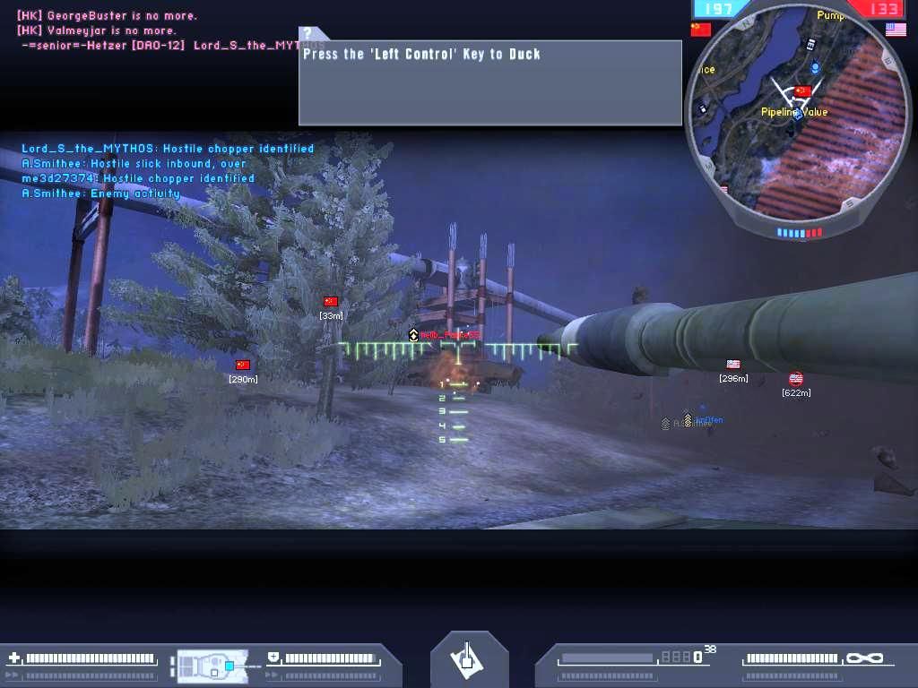 Battlefield 2: Booster Pack - Armored Fury (Windows) screenshot: Defending the flag using the PLA type 98 tank against a M1A2 Abrams trying to overtake the flag.