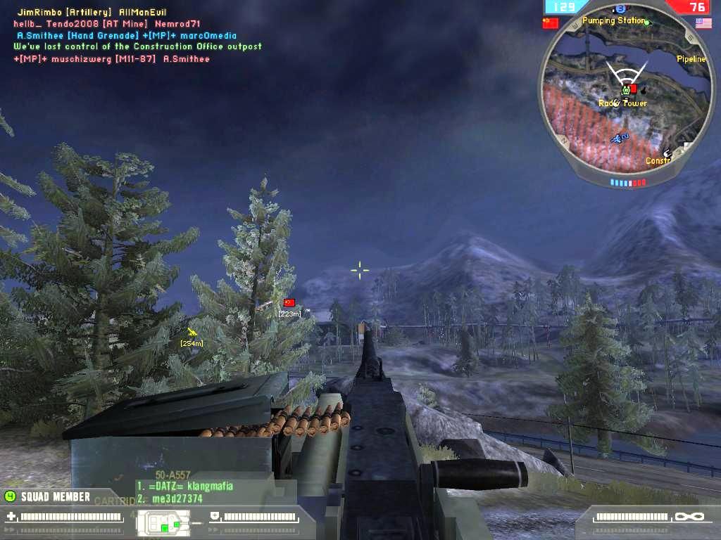 Battlefield 2: Booster Pack - Armored Fury (Windows) screenshot: Manning the anti-aircraft M1A1 Abrams 50 cal machine gun atop the turret while scanning the mountains for hostiles.