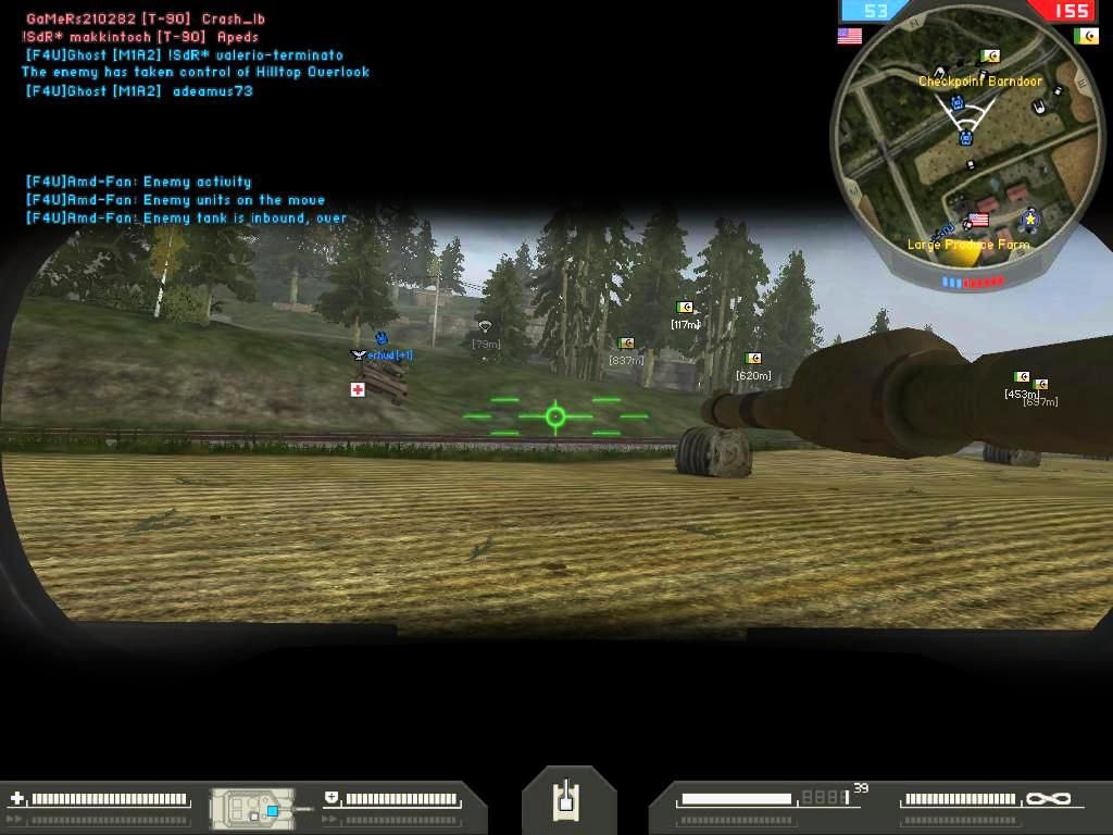 Battlefield 2: Booster Pack - Armored Fury (Windows) screenshot: Running across open fields to help fortify the base just beyond the tree line