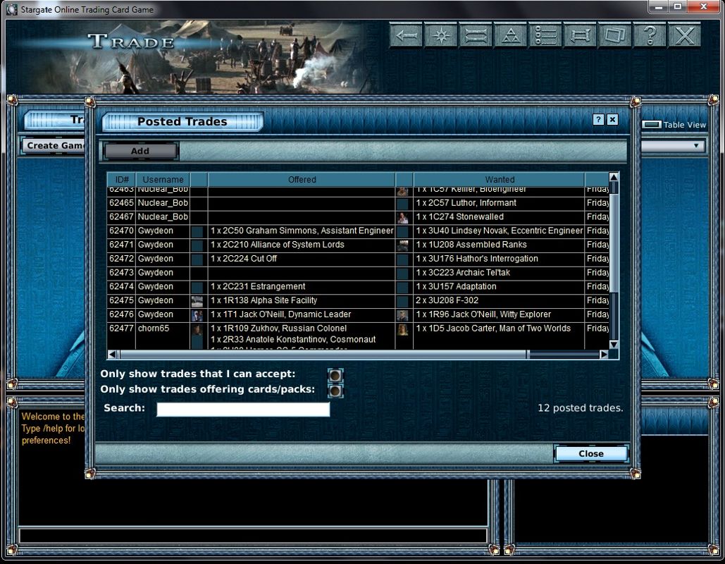 Stargate Online Trading Card Game (Windows) screenshot: In-game card trading market
