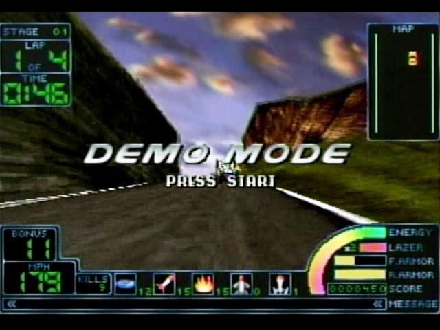 Impact Racing (SEGA Saturn) screenshot: Each time Demo Mode selects another car showing you 15sec of each track