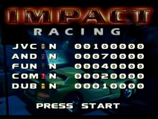 Impact Racing (SEGA Saturn) screenshot: High Score default screen is a play on the developer names JVC and FUN COM DUBlin