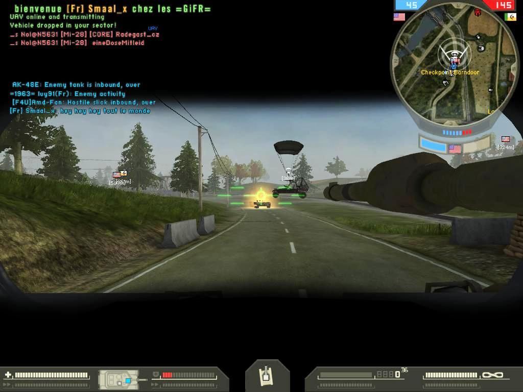 Battlefield 2: Booster Pack - Armored Fury (Windows) screenshot: Popping the turret off the MEC T-90 BMT tank as the commander air drops a buggy into view