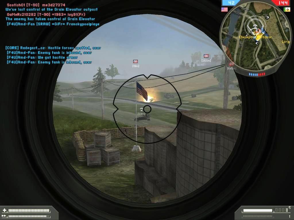 Battlefield 2: Booster Pack - Armored Fury (Windows) screenshot: SRAW (short range assault weapon) hit on a MEC T-90 BMT