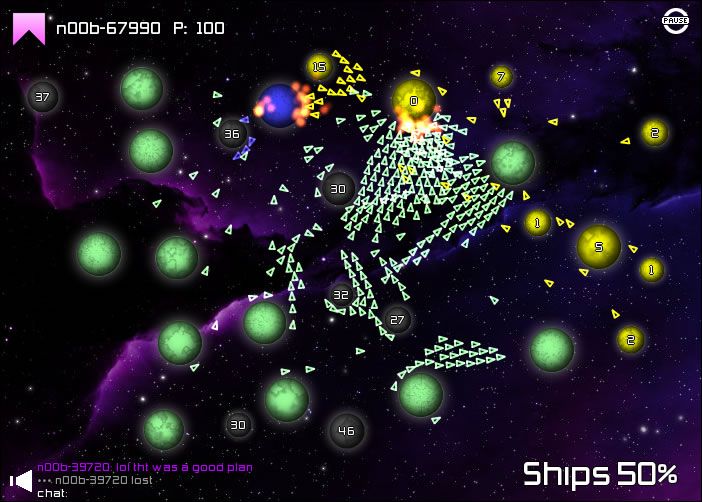 Galcon (Browser) screenshot: Green has however been saving up and retaliates.