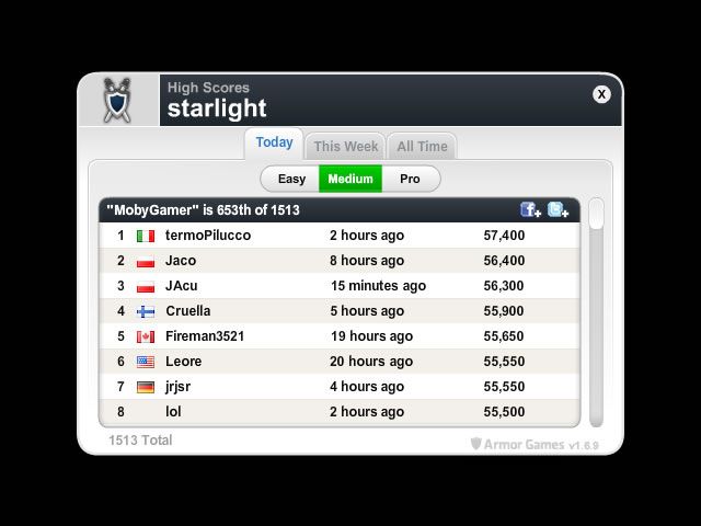 Starlight (Browser) screenshot: Global high scores tied to the Armor Games site.