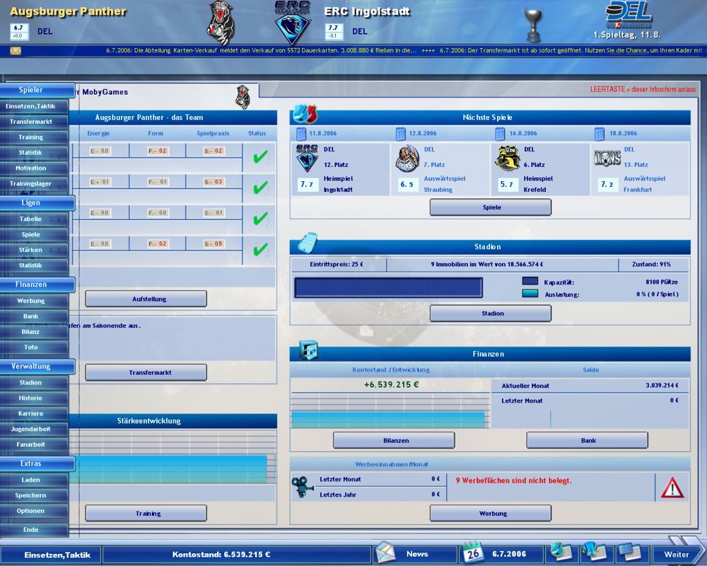 Heimspiel: Eishockeymanager 2007 (Windows) screenshot: The menu bar (demo version)