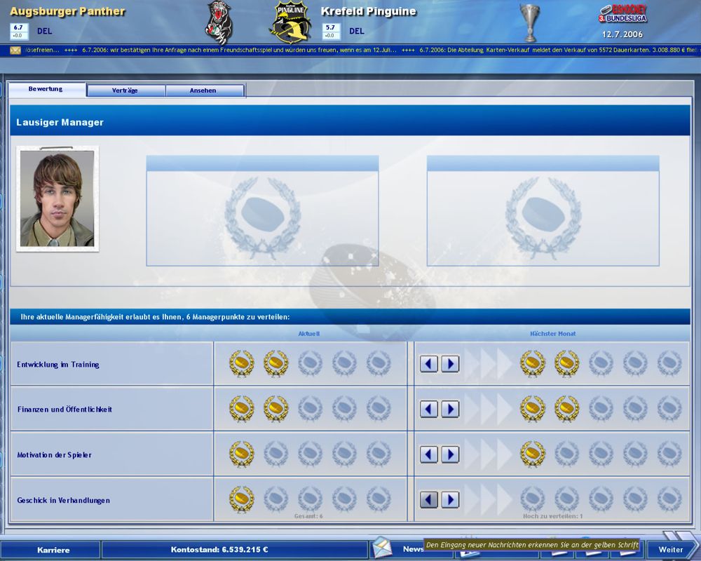 Heimspiel: Eishockeymanager 2007 (Windows) screenshot: The player's managerial stats (demo version)